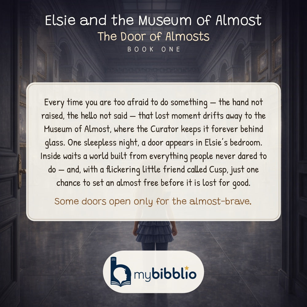 Museum of Almost · Book One – The Door of Almosts — back cover (Pixar 3D style)