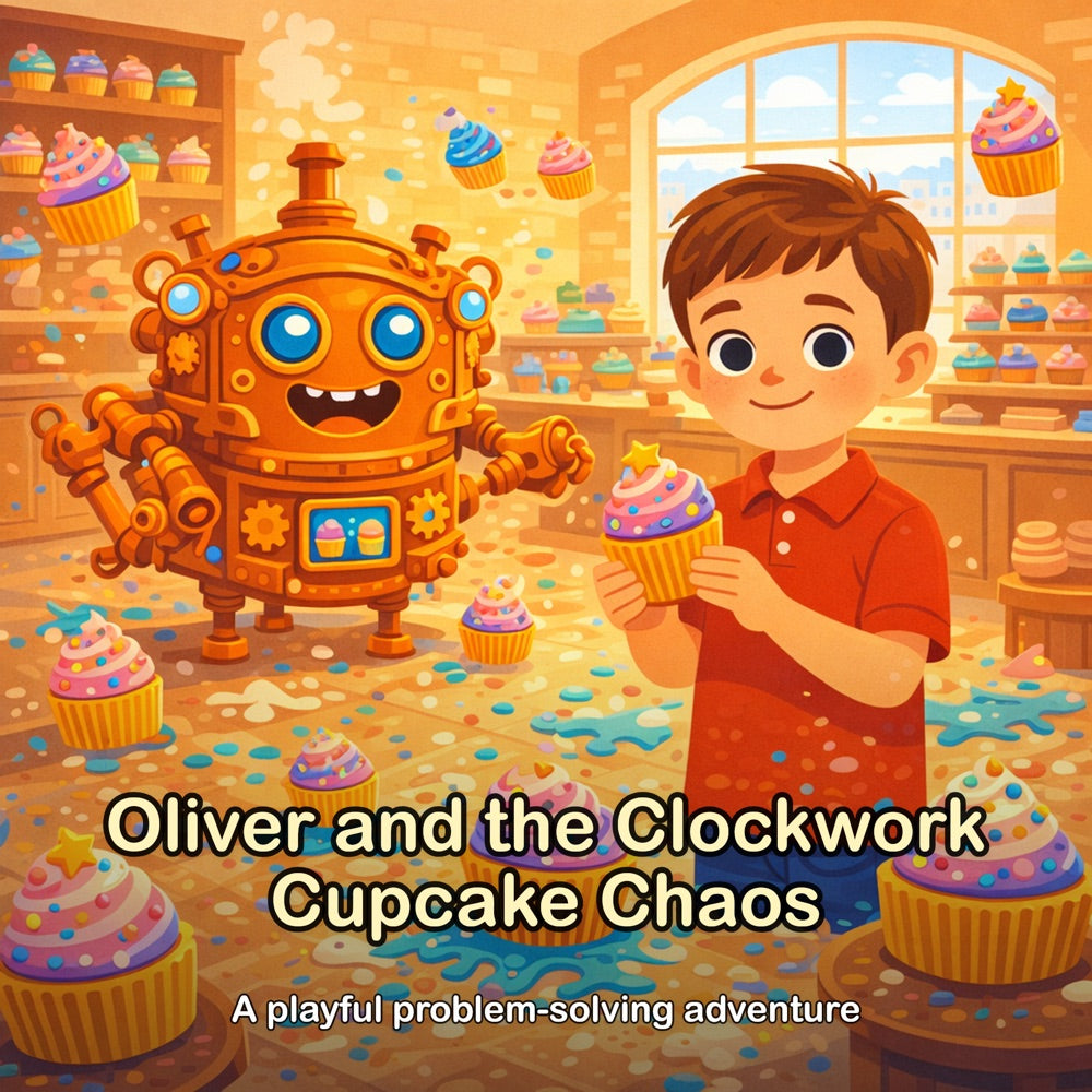 The Clockwork Cupcake Chaos – Personalised Storybook — front cover (Modern Flat style)