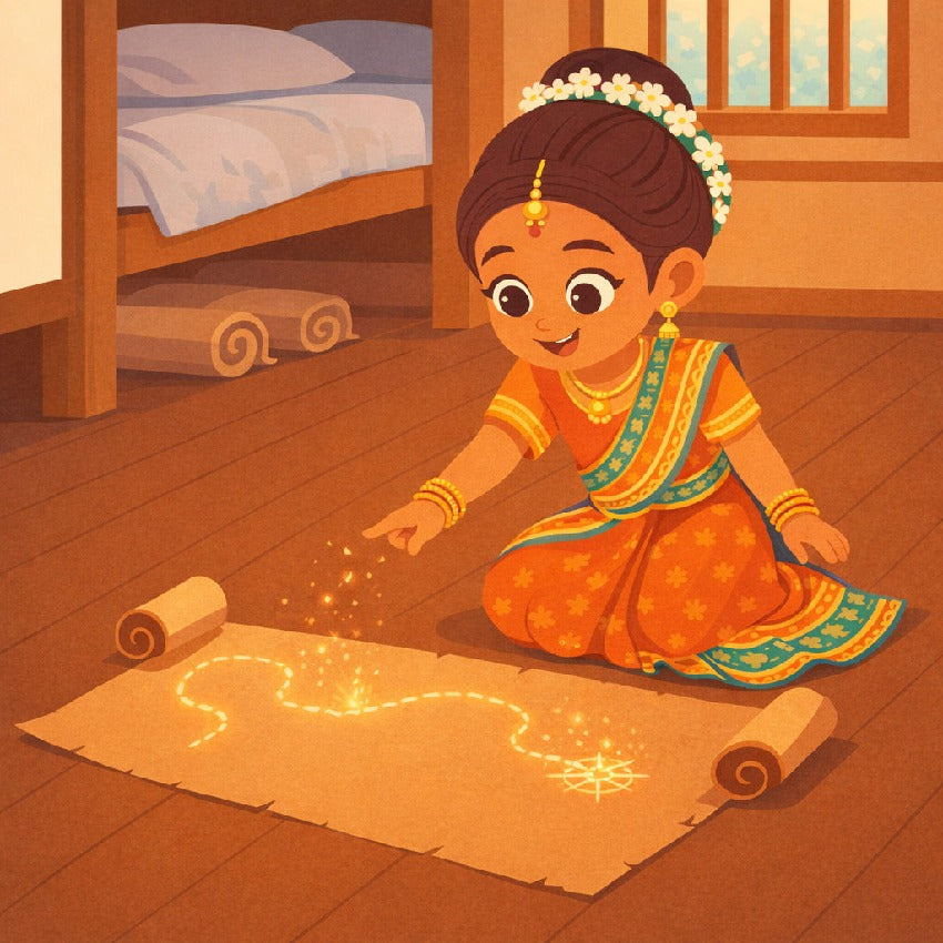 Aanya and the Map That Drew Itself — scene three illustration (Modern Flat style)
