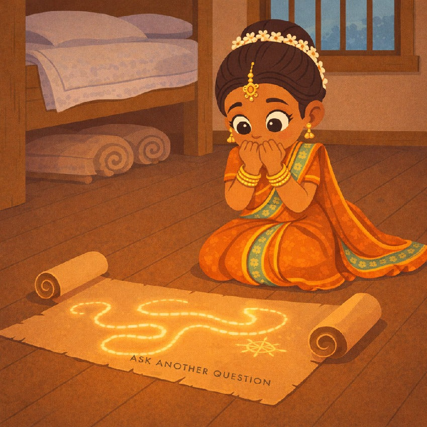 Aanya and the Map That Drew Itself — scene four illustration (Modern Flat style)