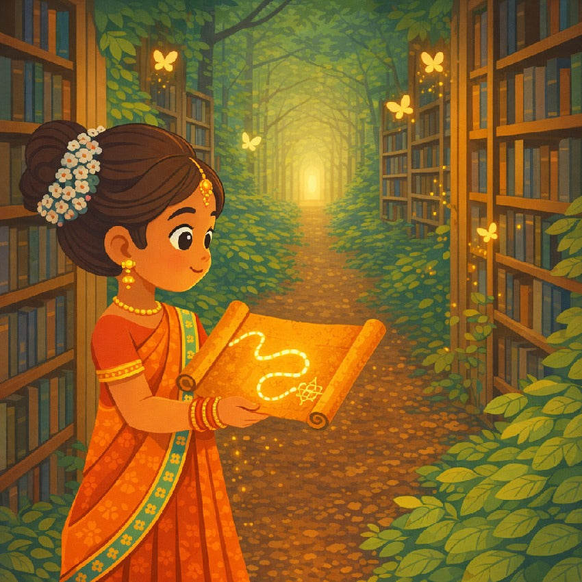 Aanya and the Map That Drew Itself — scene five illustration (Modern Flat style)