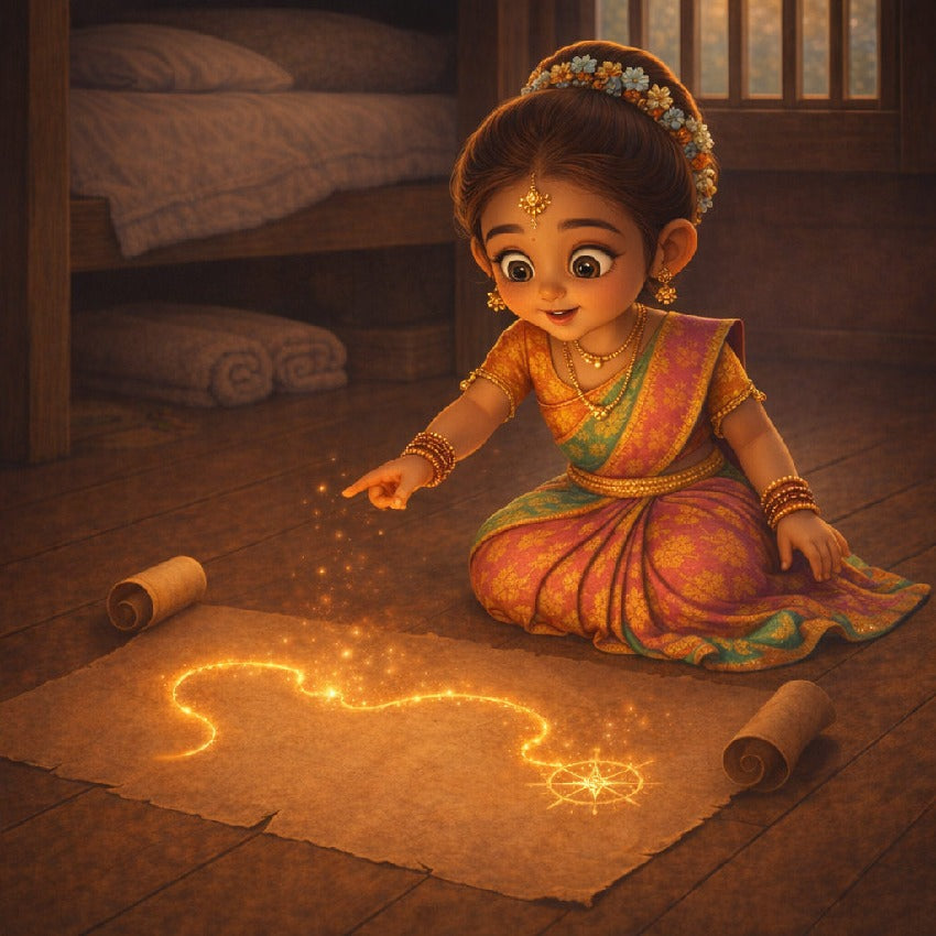 Aanya and the Map That Drew Itself — scene three illustration (Pixar 3D style)
