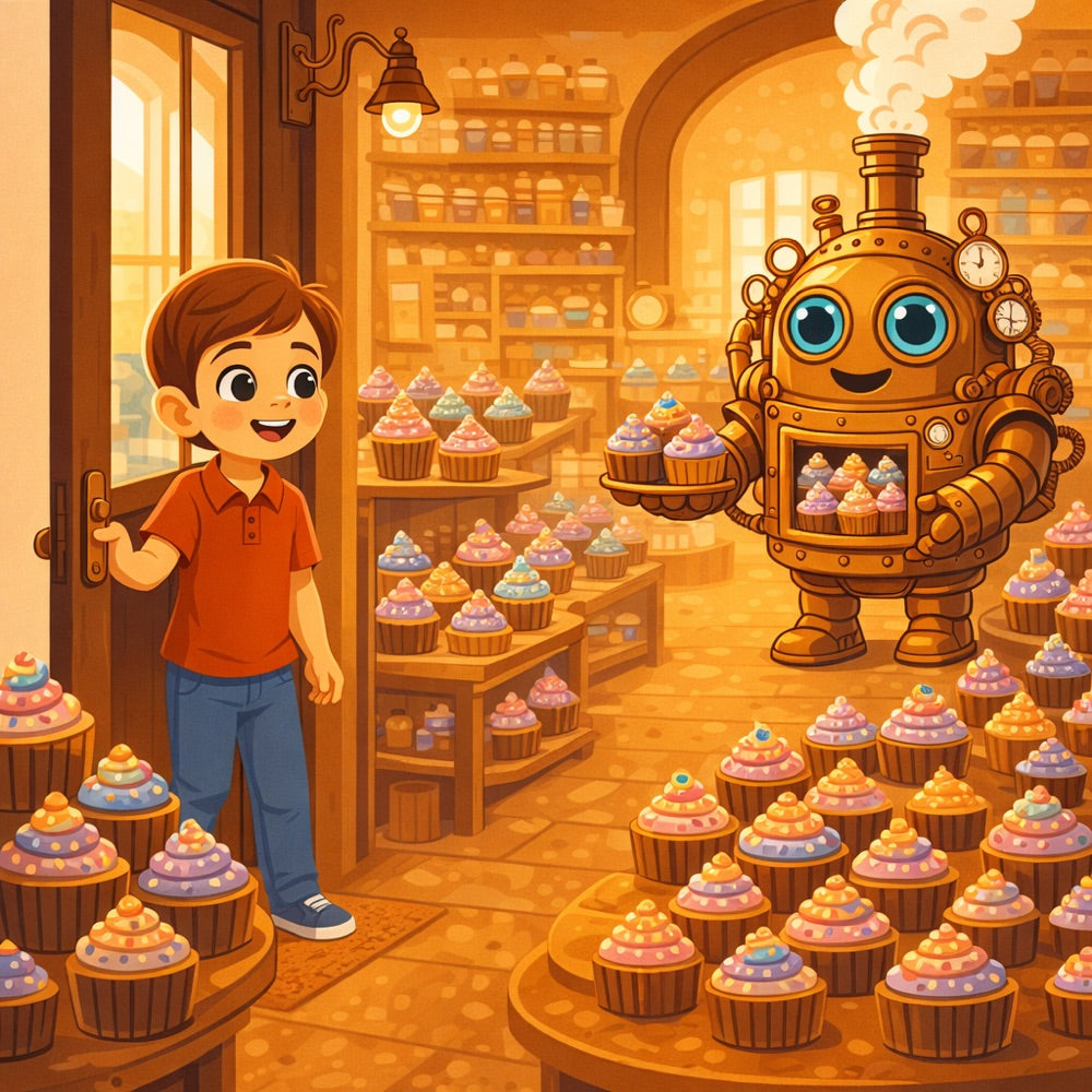 The Clockwork Cupcake Chaos – Personalised Storybook — scene one illustration (Modern Flat style)