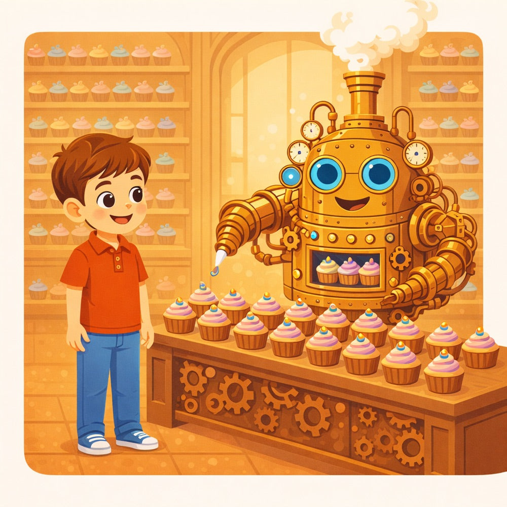 The Clockwork Cupcake Chaos – Personalised Storybook — scene two illustration (Modern Flat style)
