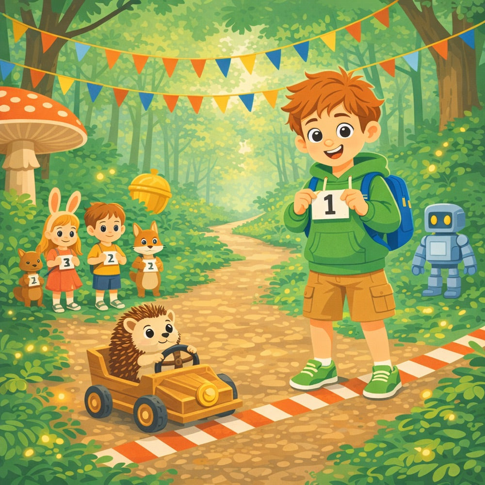 The Friendship Forest Race – Personalised Storybook — scene one illustration (Modern Flat style)