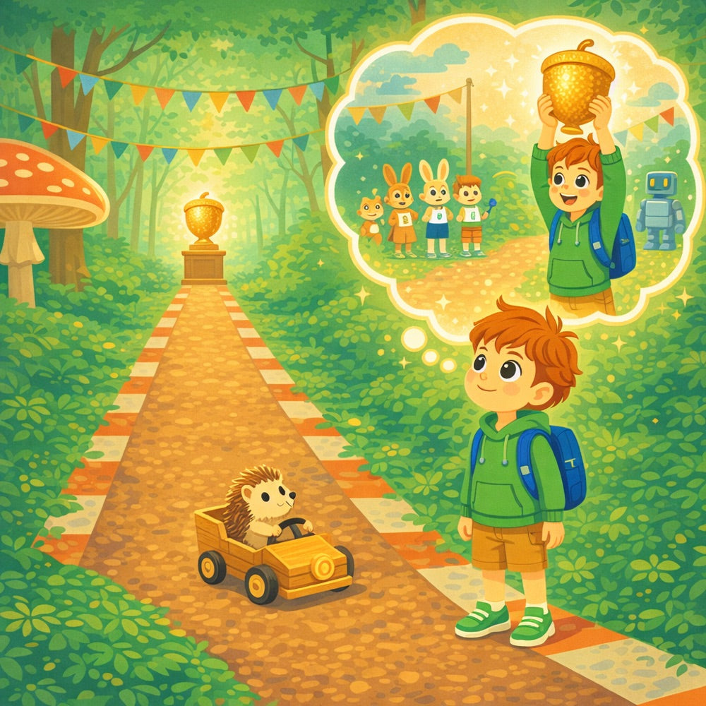 The Friendship Forest Race – Personalised Storybook — scene two illustration (Modern Flat style)