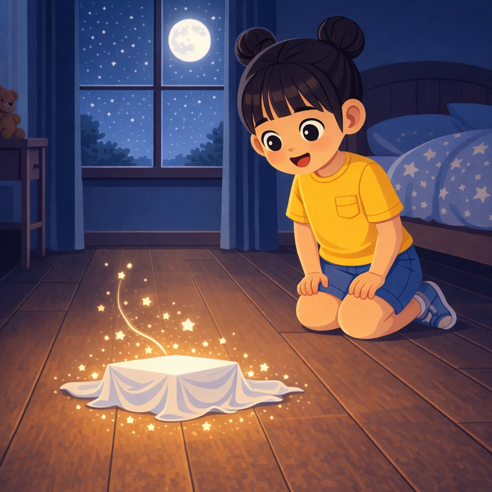 The Moonbeam Stage – Personalised Storybook — scene one illustration (Modern Flat style)