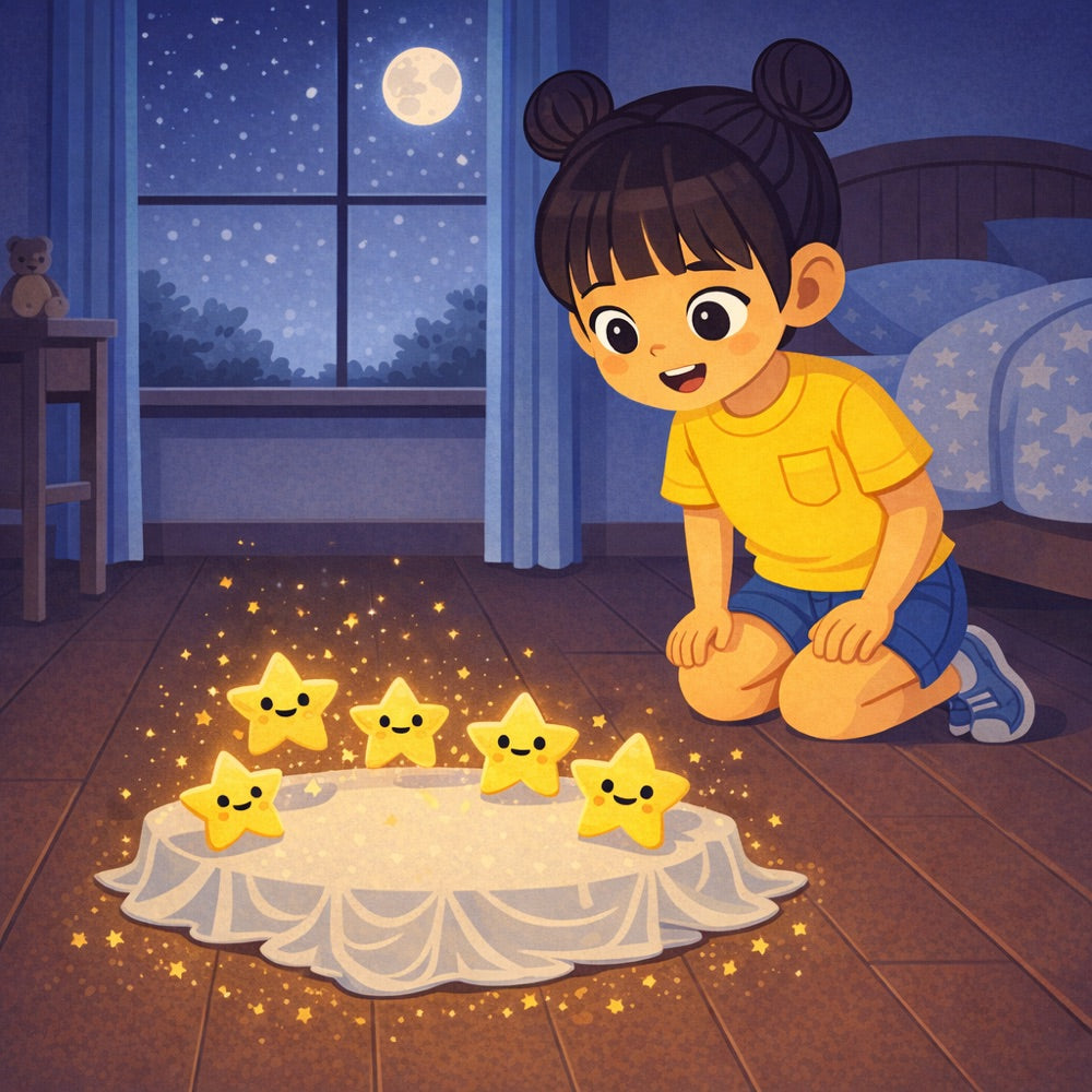 The Moonbeam Stage – Personalised Storybook — scene two illustration (Modern Flat style)