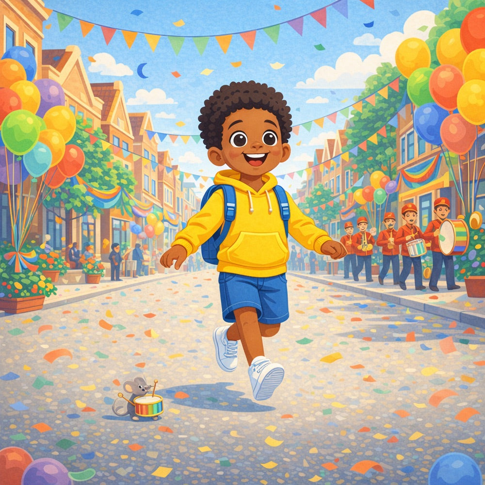 The Rainbow Rescue Parade – Personalised Storybook — scene one illustration (Modern Flat style)