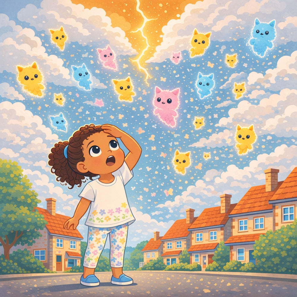 The Runaway Sky Beasts – Personalised Storybook — scene one illustration (Modern Flat style)