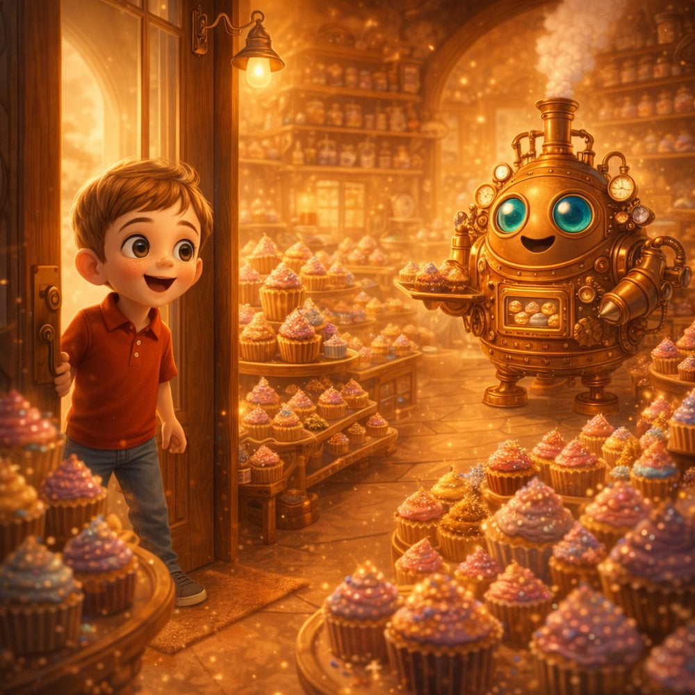 The Clockwork Cupcake Chaos – Personalised Storybook — scene one illustration (Pixar 3D style)