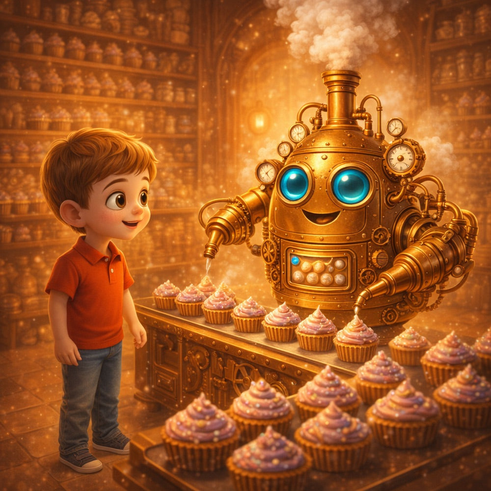 The Clockwork Cupcake Chaos – Personalised Storybook — scene two illustration (Pixar 3D style)