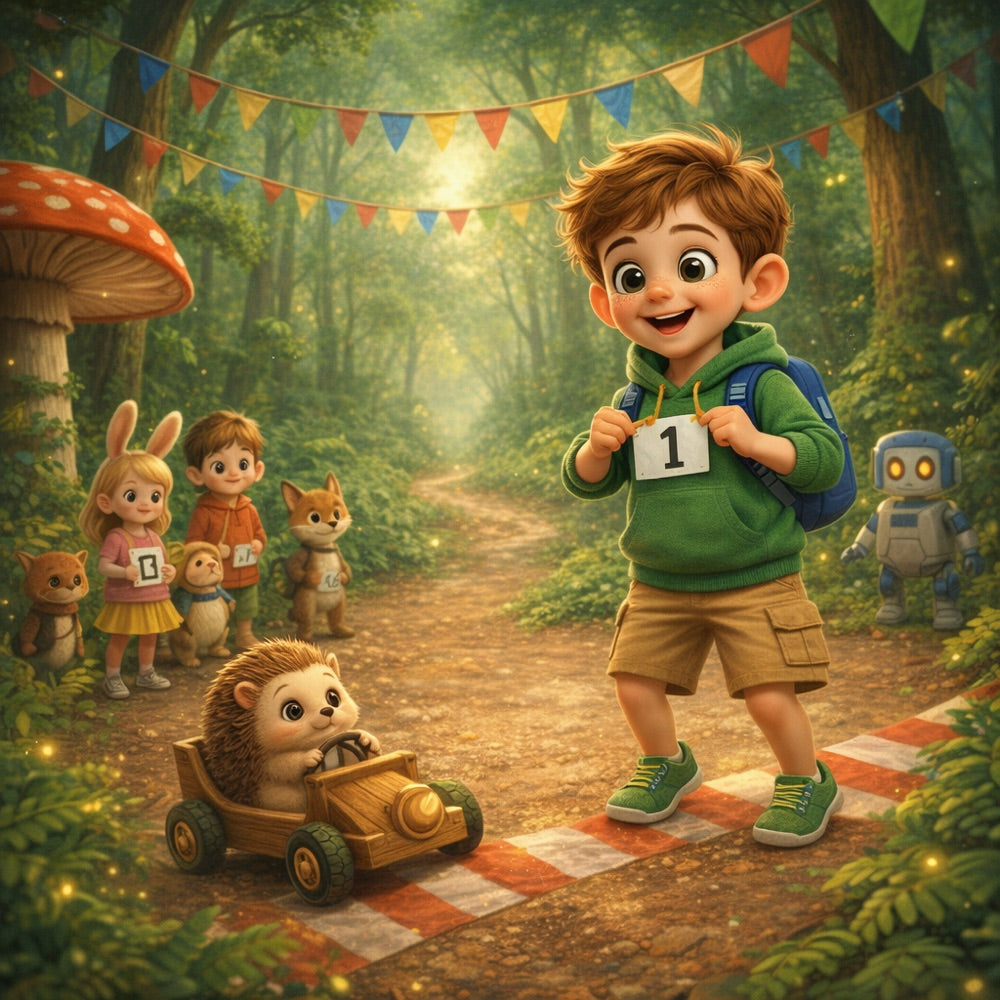 The Friendship Forest Race – Personalised Storybook — scene one illustration (Pixar 3D style)