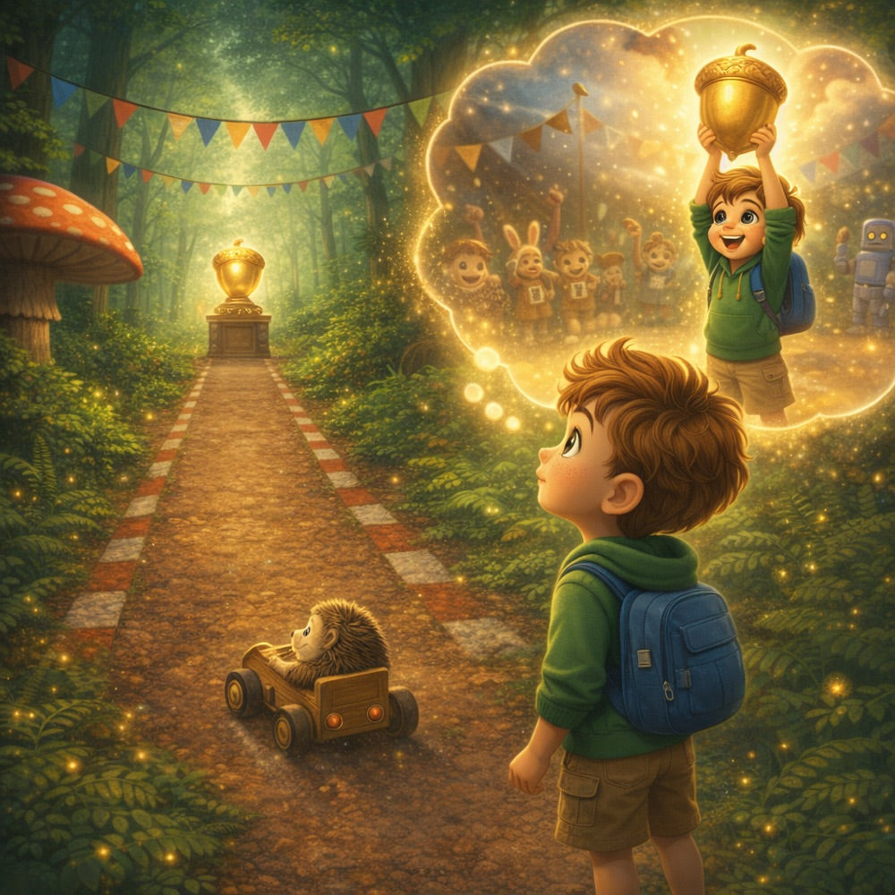 The Friendship Forest Race – Personalised Storybook — scene two illustration (Pixar 3D style)