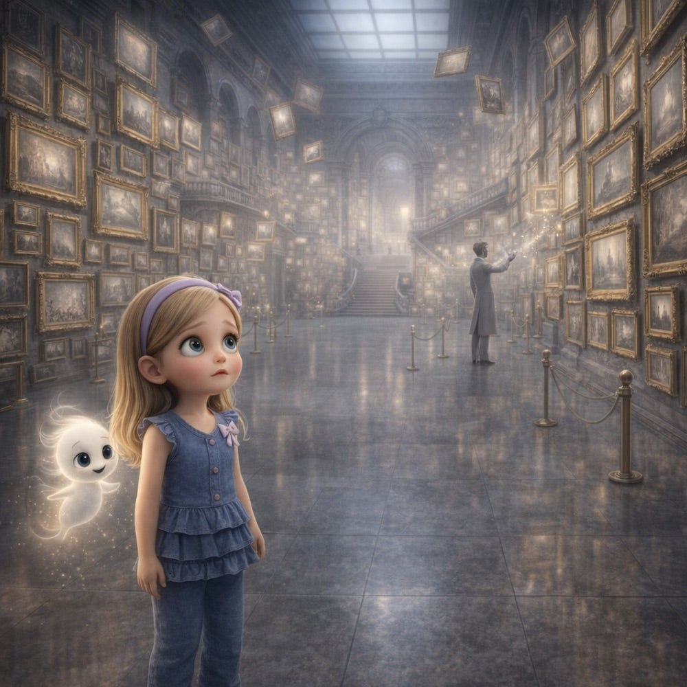 Museum of Almost · Book Two – The Ones Who Only Watched — scene two illustration (Pixar 3D style)