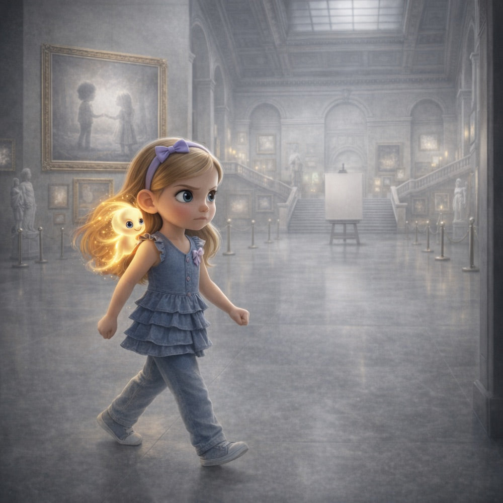 Museum of Almost · Book Three – The Hello Never Said — scene one illustration (Pixar 3D style)