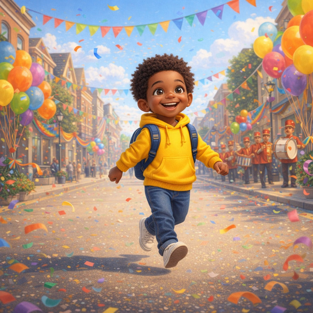 The Rainbow Rescue Parade – Personalised Storybook — scene one illustration (Pixar 3D style)