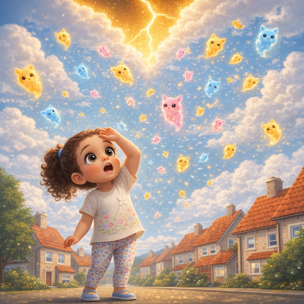The Runaway Sky Beasts – Personalised Storybook — scene one illustration (Pixar 3D style)