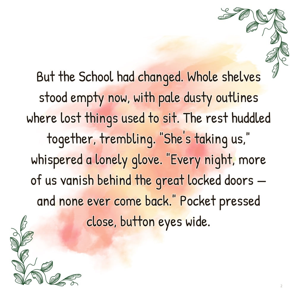 School for Lost Things · Book Two – The Never-Found Wing — scene two text (Pixar 3D style)